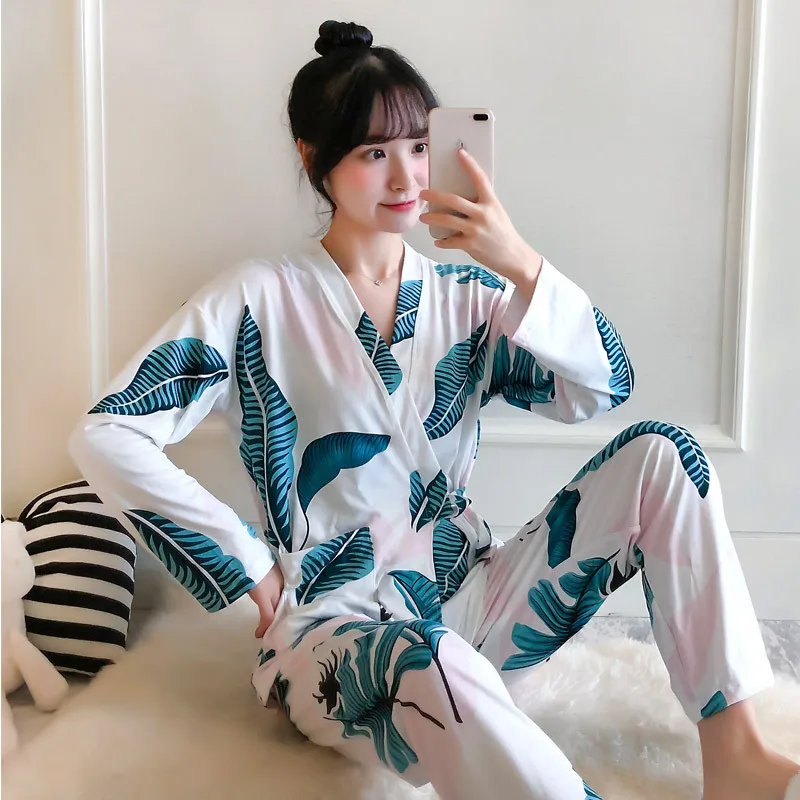 

Cartoon Print Kimino Top And Pants Pajama Set Women Cotton Pajama Long Sleeve Preppy Pajama Sets Nightwear 2019 Casual Sleepwear