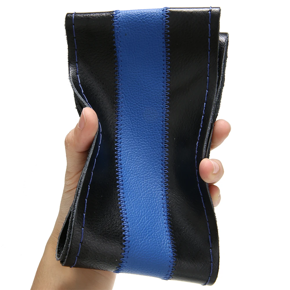 1PC Black+Blue DIY Car Steering Wheel Cover Genuine Leather  Covering 38cm W/ Needles Thread For Auto Decorative Accessories