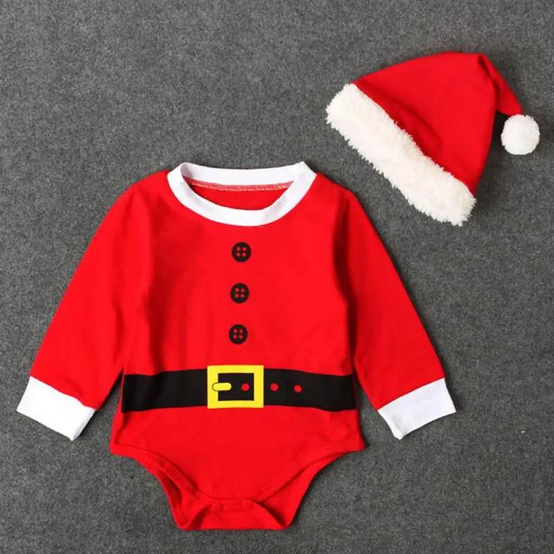 Рождественская одежда для малышей от 0 до 24 месяцев, комбинезон с Санта-Клаусом для новорожденных мальчиков и девочек, шапочка, комплект из 2 предметов Рождественский подарок для младенцев