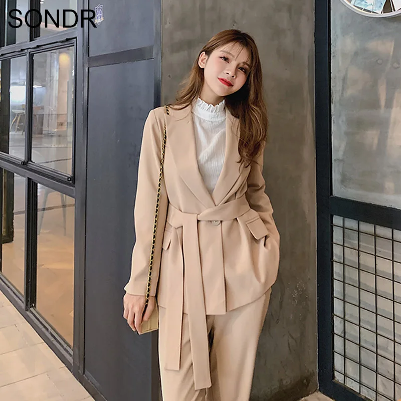 

2020 Autumn Women Lace Up Pant Suit Notched Blazer Jacket & Pant Spring New Office Female Sets Fashion OL Female Business Suit