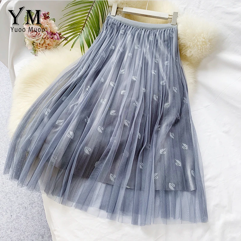 YuooMuoo вышивка с высокой талией замша плиссированная юбка Европа женская элегантная сетчатая юбка осень зима миди кружевная школьная юбка