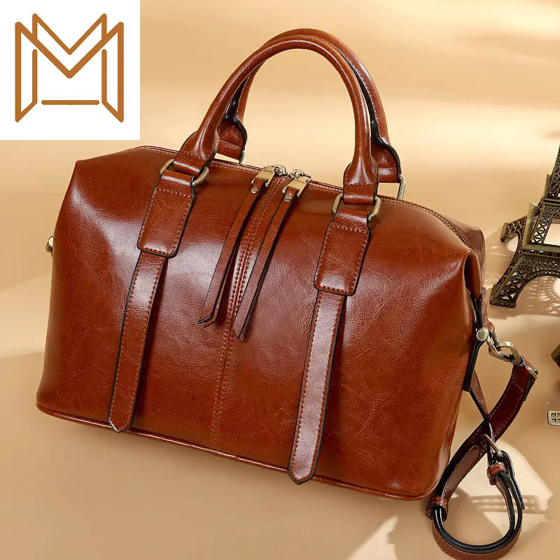 

Winter Genuine Leather Woman Package Capacity Travel Handbag Oil Wax Single Shoulder Satchel Package Woman