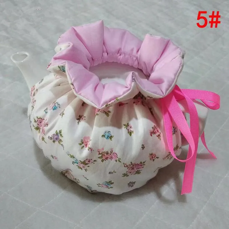 

French Romatic Style White Floral Pink Ribbon Home Teapot Keep Warm Insulation Cover Cotton Quilted Teapot Dust-proof Cover