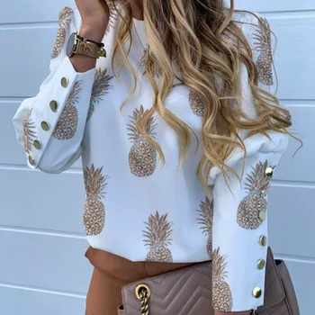 

Pineapple Letter Blouse Shirt Women's Back Button Long Sleeve Blouses Womens Tops and Blouse Puff Sleeve Top Female