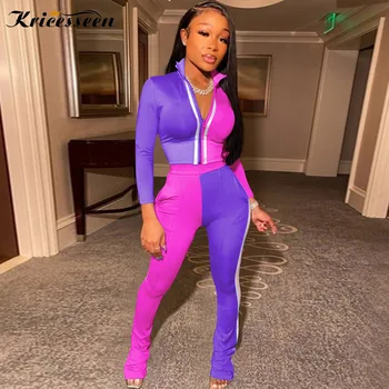 

Kricesseen Casual Patchwork Ribbed Two Pieces Pant Set Women Autumn Long Sleeve Crop Top And Long Pants Suits Skinny Sportwear