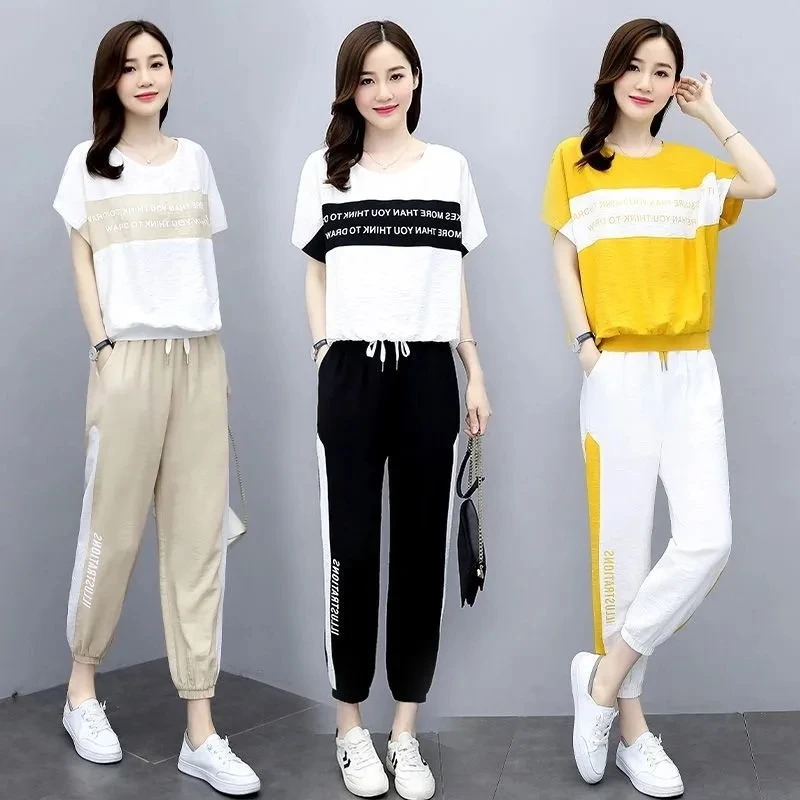 Fashion Summer Sports Pant Suits Women Top+Trousers Sets Femme O-Neck T-Shirt+Pants New Two-Piece Set Woman High Waist