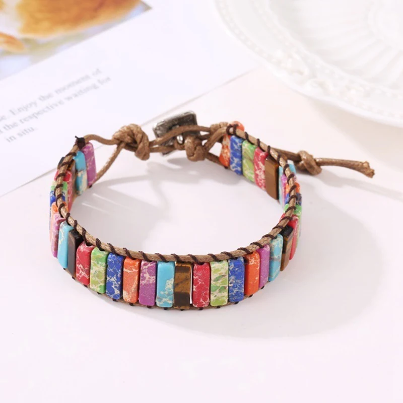 Chakra Bracelet Jewelry Handmade Multi Color Natural Stone Tube Beads Leather Wrap Couples Bracelets Creative Gifts