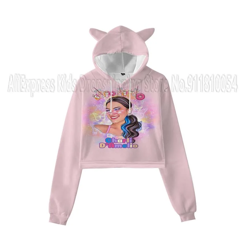 Kids Charli Damelio 3D Hoodies for Girls Teens Women Cartoon Sweatshirts Female Pullover Sudadera Infantil Cat Ear Crop Tops children's sweatshirts