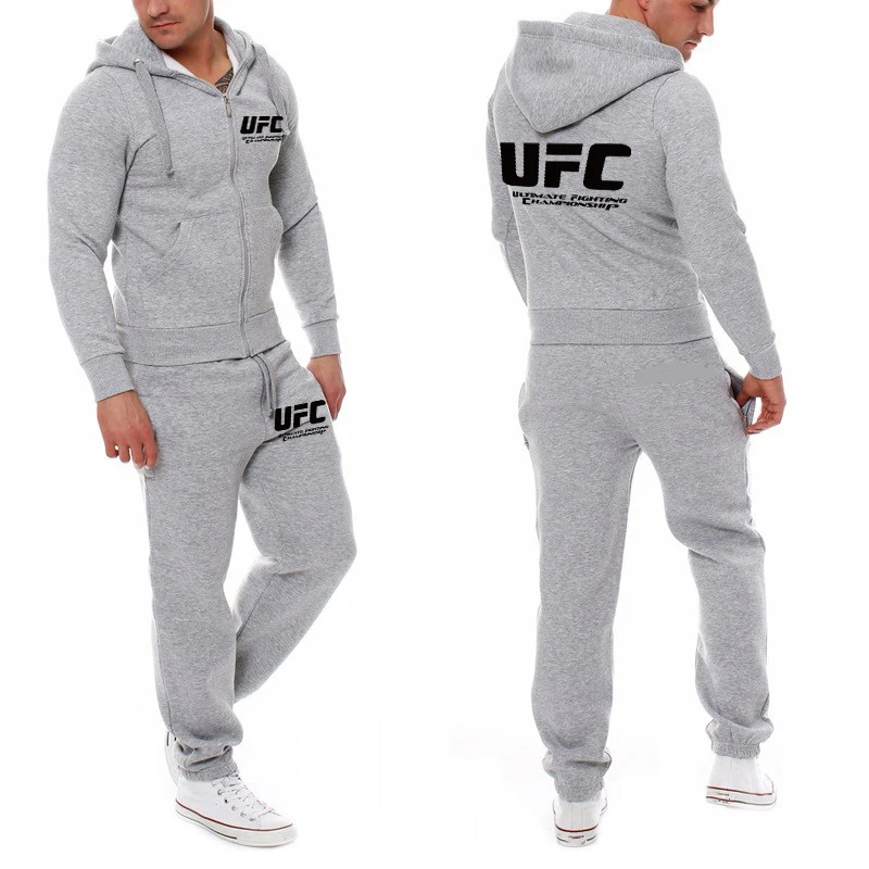 Light grey-black Мужской спортивный костюм на молнии, комплект из 2 предметов, спортивный костюм для бега, толстовка с капюшоном, куртка+ брюки, спортивные штаны, мужской спортивный Спортивный костюм, комплект - Цвет: Light grey-black