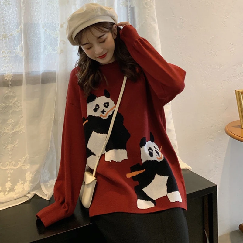 Женский свитер кавайный пуловер Топ супер милая панда вышивка Свободный теплый