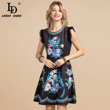

LD LINDA DELLA Elegant Designer Summer Dress Women's Ruffles Sleeve Floral Print bird Beading Black Vintage Mini A line Dresses