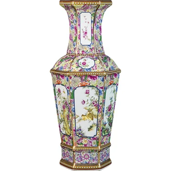 

TRADITIONAL CHINESE ANTIQUE ENAMEL FLOWERS HEXAGONAL VASECERAMIC BIG FLOOR VASE 55CM HEIGHT LARGE PORCELAIN DECORATION VASE