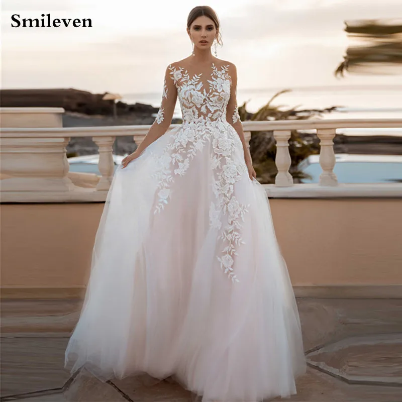 

Smileven See Through Lace Wedding Dresses Long Sleeve Nude Mesh Bride Dresses Sweep Train robe de mariee Wedding Gowns