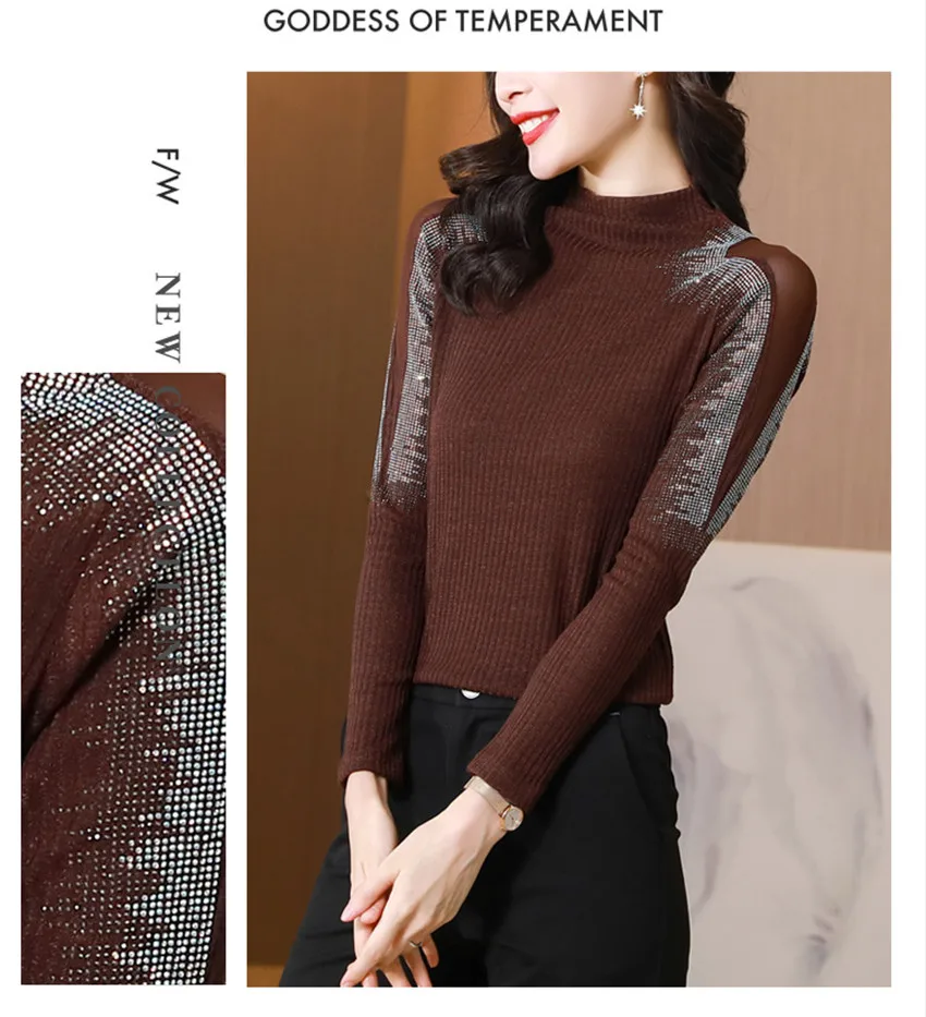 cropped cardigan Korean Fashion Diamond Hot Drill High Neck Pullover Tops Autumn Winter Knitted Sweater Women Slim Undershirt Knitwear Pull Femme Sweaters