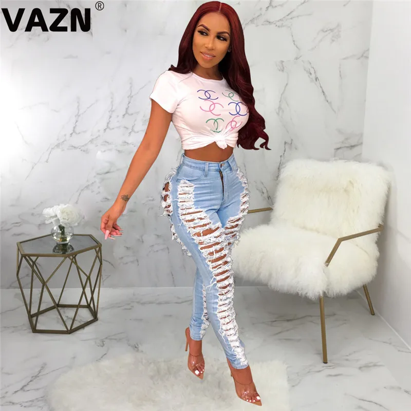 VAZN GHSF12080 Новые выдалбливают сексуальные открытые новые джинсы молодых популярных отверстий сексуальные умные Модные женские длинные джинсовые брюки прямого покроя