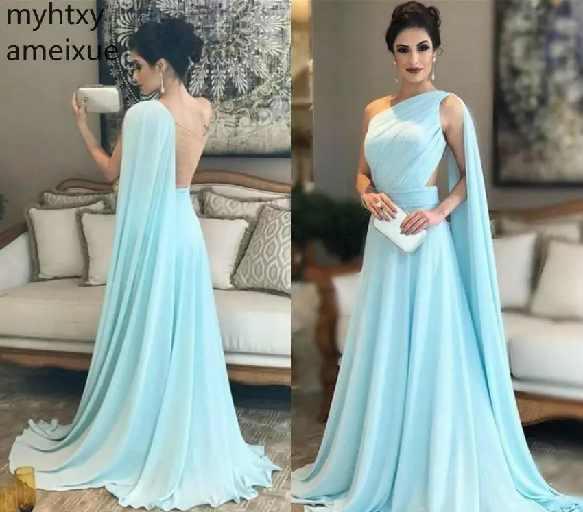 

Elegant One Shoulder Blue Evening Dresses 2019 Saudi Arabia Dubai A Line Wear Formal Party Prom Gowns Plus Size Robe De Soiree