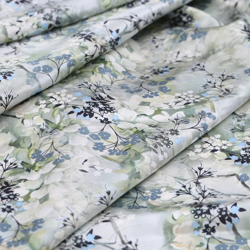 108 см в ширину 19 мм 93% шелк и 7% спандекс серый зеленый цветочный принт стрейч шелк атлас Ткань для платья Cheongsam рубашка куртка B179