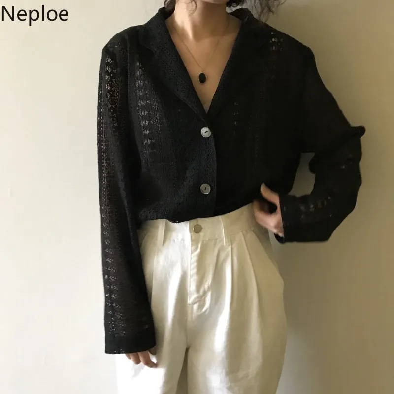 Neploe/кружевные женские блузки с вырезами, свободные топы с длинными рукавами и воротником в Корейском стиле, однотонные женские блузки, 43566