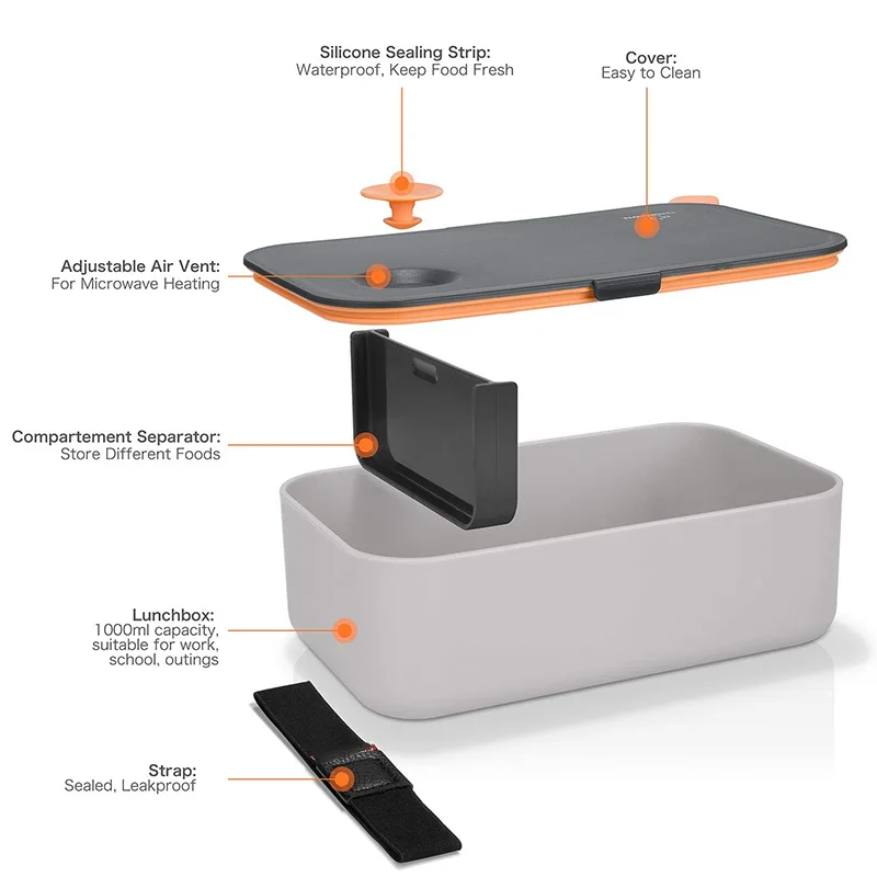 Lunch Box 1000ML with 2 Compartments, Eco Friendly BPA Free Bento Box, Hermetic Food Box, Microwave& Dishwasher Safe(Orange