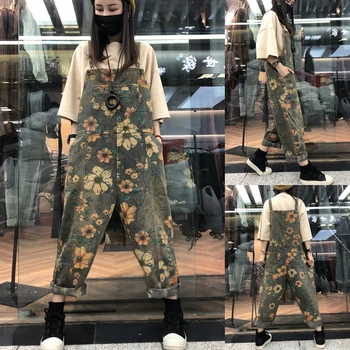 

Printed Flower jean Jumpsuits Women Casual Basic Long Strap Wide Leg Pants New spring Big Size Drop Crotch Cowboy Overalls