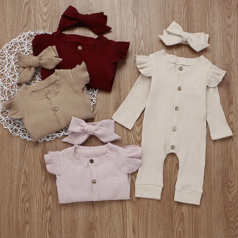Однотонные осенние комплекты одежды для новорожденных девочек и мальчиков трикотажный комбинезон с рюшами и рукавами-крылышками, комбинезон с бантом, комплект из 2 предметов для малышей от 0 до 24 месяцев