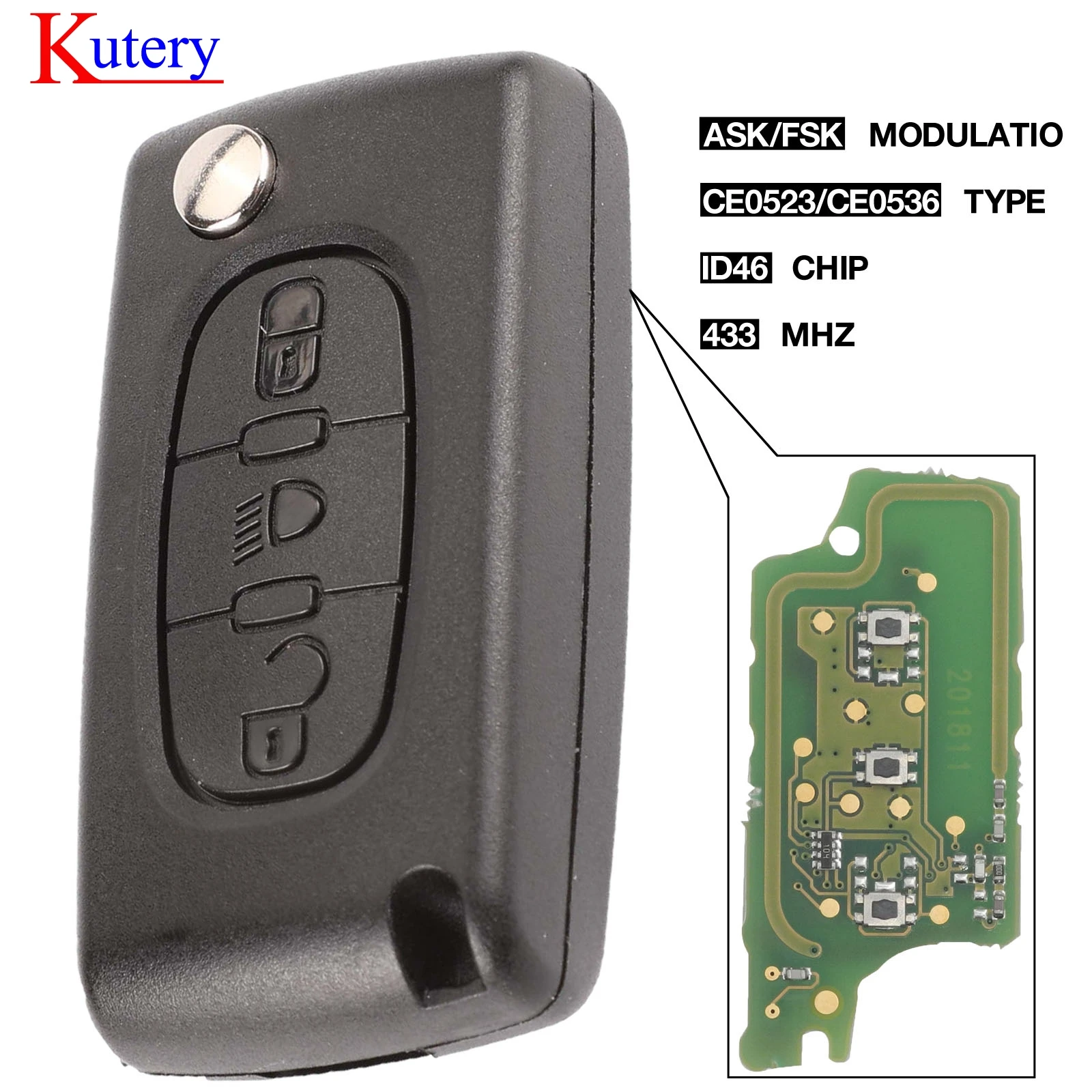 Kutery Ce0523 Ce0536 ASK/FSK 433 МГц ID46 ключ для Peugeot 407 307 308 607 3 кнопочный флип дистанционный