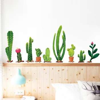 

Cactus Potted Pattern TV Sofa Art Background Wall Stickers 3D Green Plant Home Decor Living Room Removable Window Wardrobe Decal