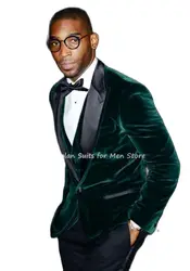 3Pcs Dark Green Velvet Jacket Vest Black Pants Custom Made Peak Lapel Blazer Trousers Man's Party Wear Coat Wedding Suits Sets