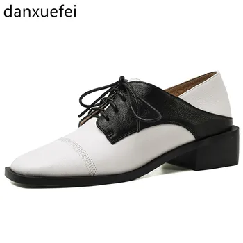 

Women's genuine leather mix color patchwotk lace-up flats oxfords square toe female soft comfort espadrilles top quality shoes