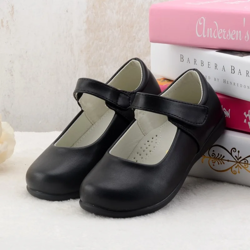 

2017 Spring And Autumn New Products Girls' Leather Shoes Princess Rubber Flat Children Shoes Matte Black And White with Pattern