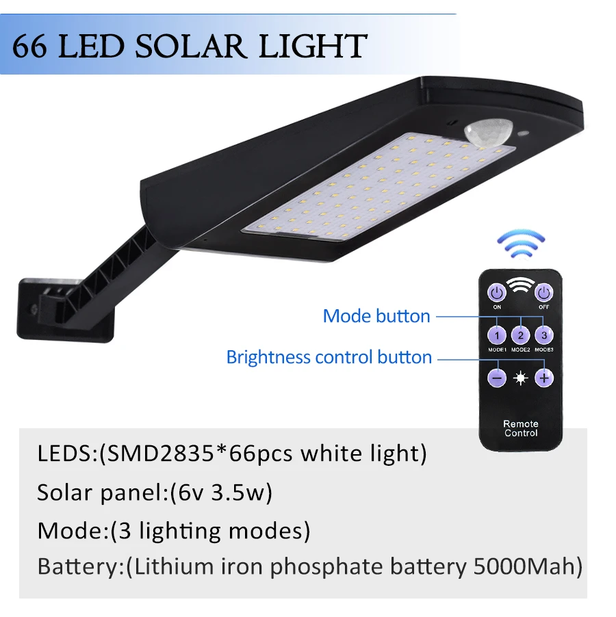

Solar Power Street Light PIR Motion Sensor Wall Lamp Newest 500 LM 66LED Outdoo Remote Control Rotate Bracket Solar Street light