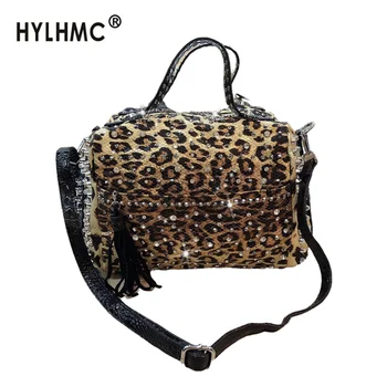 

Luxury Fashion Rivet Diamond Women's Handbag New Ladies Rhinestone Bag Leather Shoulder Messenger Bag Female Leopard Print Bags