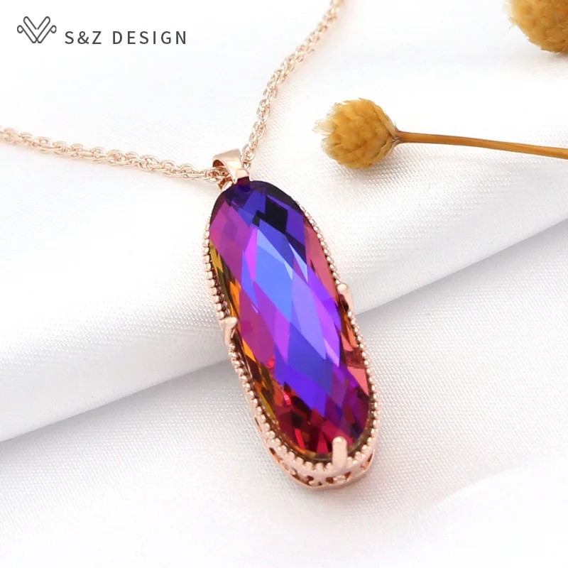 S&Z DESIGN New Vintage Large Oval Crystal Pendant 585 Rose Gold Color Necklace For Women Girls Wedding Jewelry Gift