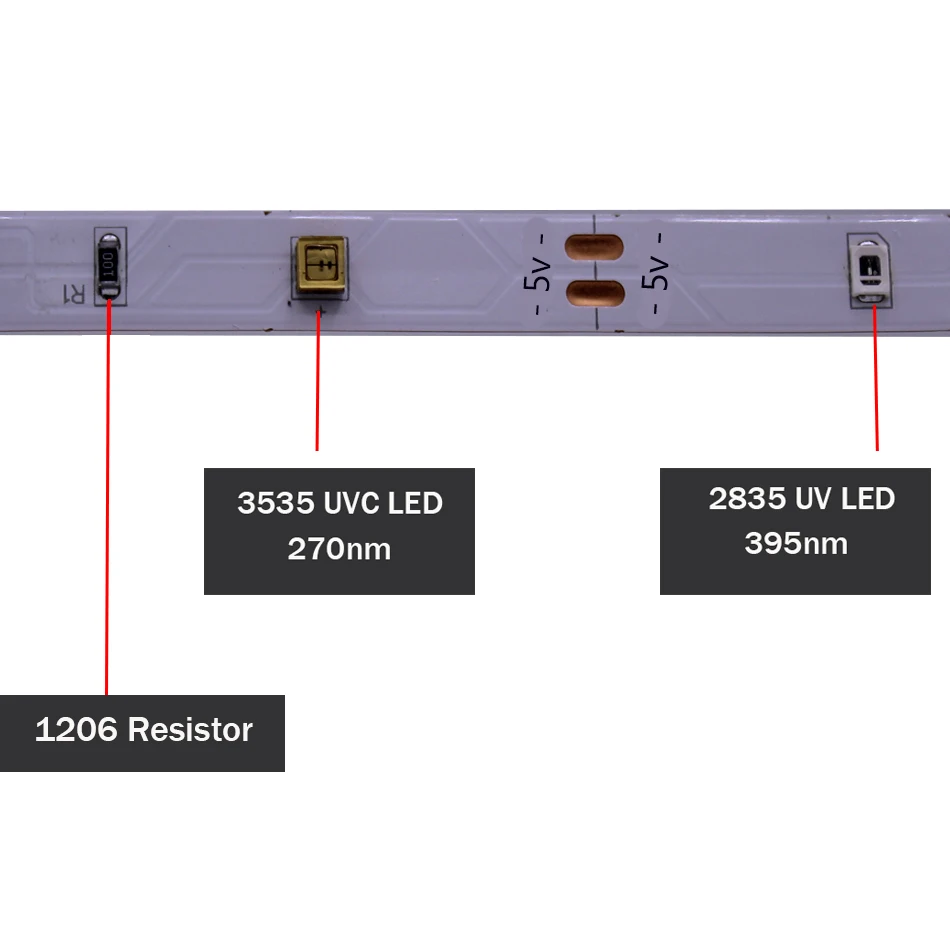 Фото Светодиодная ультрафиолетовая бактерицидная лента 2835 SMD UVC + UV 270nm + 395nm UV270nm + 395nm, световая светильник та, 12 В постоянного тока, 5 В №4