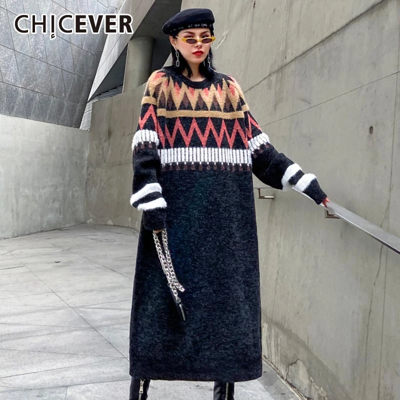 CHICEVER, корейское, хит, цветное, трикотажное платье, для женщин, с круглым вырезом, с длинным рукавом, негабаритные, свободные, миди платья, для женщин,, весна, новая одежда