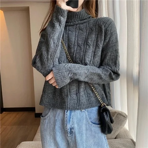 Lazy Style Turtleneck Pullover Outerwear Women's Autumn Winter Knitwear Long Sleeve Short Rac