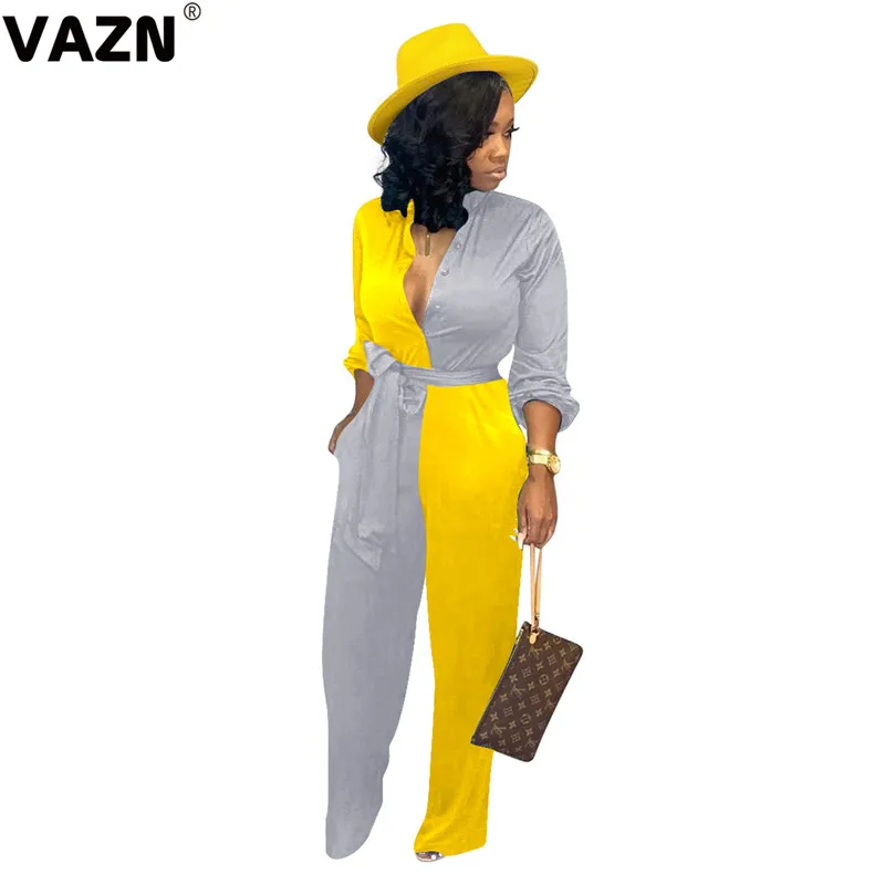 VAZN New chic sexy lady spring sexy lady yellow patchwork colors long jumpsuit full sleeve slashes jumpsuit button jumpsuit