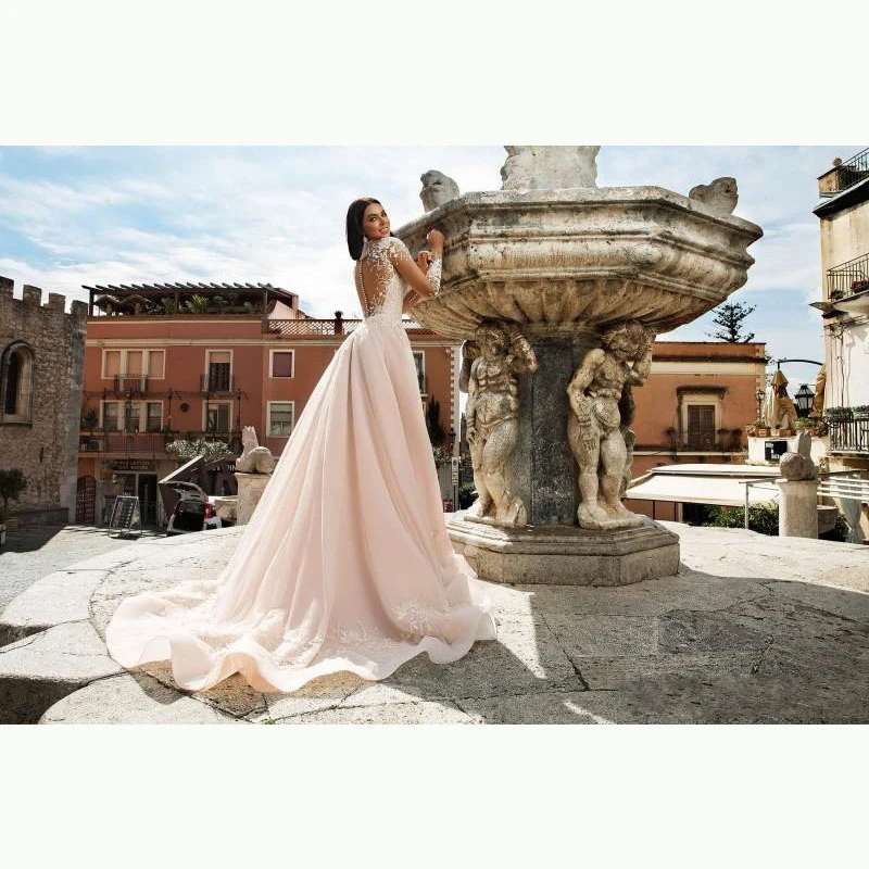 Vestido De Casamento розовый цвет размера плюс свадебное платье длинный рукав кружево со шлейфом юбка с оборками из тюля Свадебные платья в Дубае