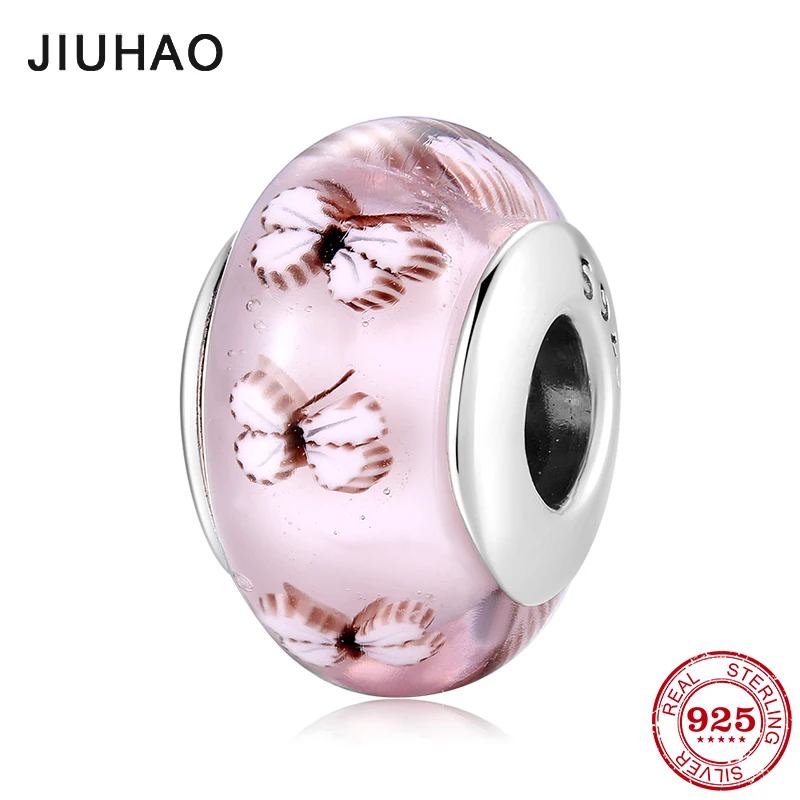 

Sparkling Murano glass beads Pink butterfly 925 silver charms fit original pandora bracelet Fine jewelry making women gifts