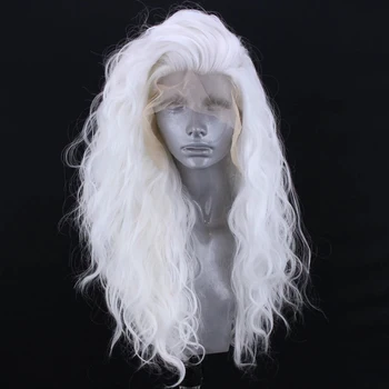 White Blonde Body Wave Synthetic Lace Front Wigs for Women Half Hand Tied Heat Resistant Fiber