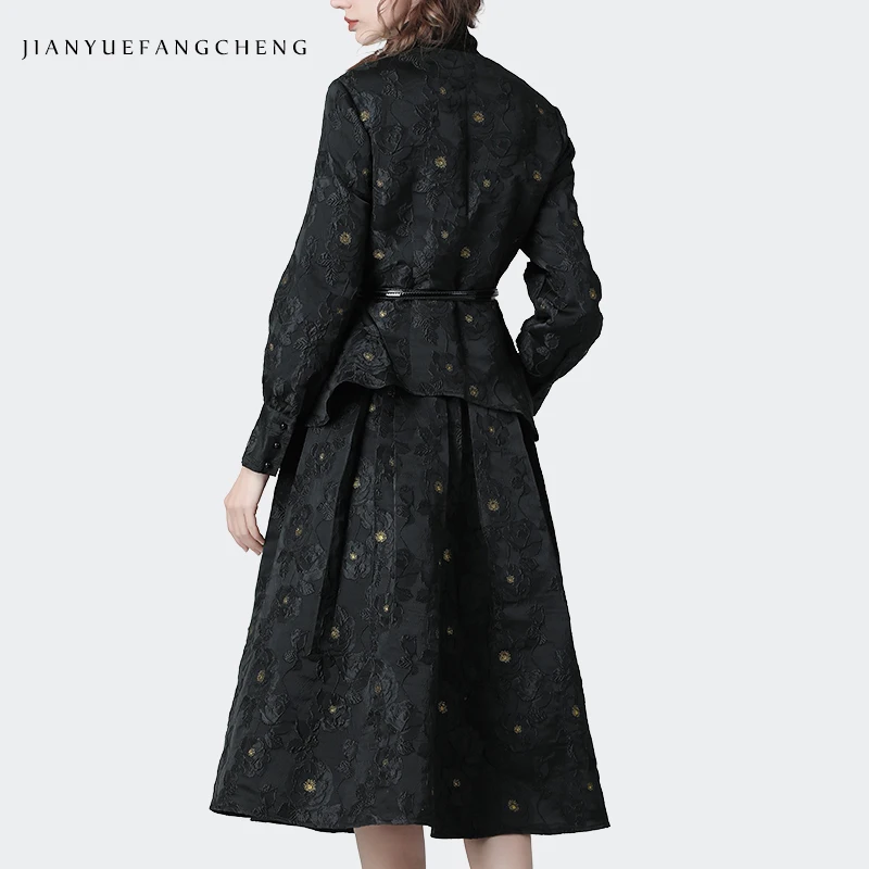 Комплект из 2 предметов для зрелых офисных леди: куртка и юбка, жаккардовый цветочный принт, черный теплый плотный женский осенне-зимний топ и юбка