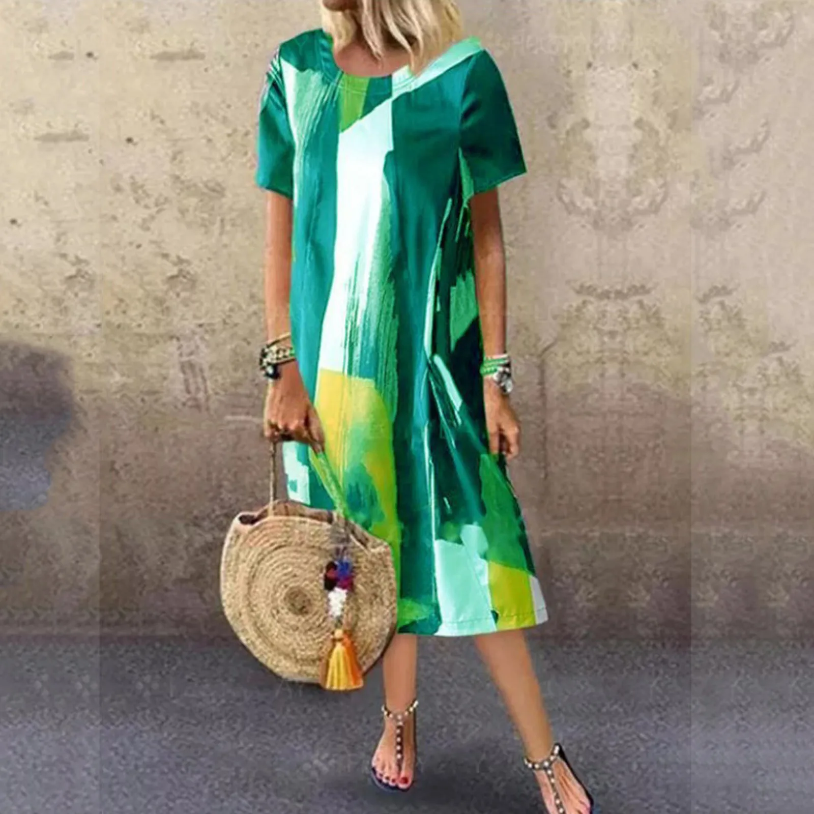 #40 otoño verano vestido plisado mujeres Vintage Vestidos traje impreso largo Maxi vestido de talla grande para mujer 3/4 túnica de manga