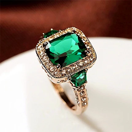 Высокое качество, Красный Кристалл, роскошное женское кольцо, розовое золото, цвет, идеальная огранка, прямоугольник, кристалл, женские обручальные кольца - Цвет основного камня: green stone
