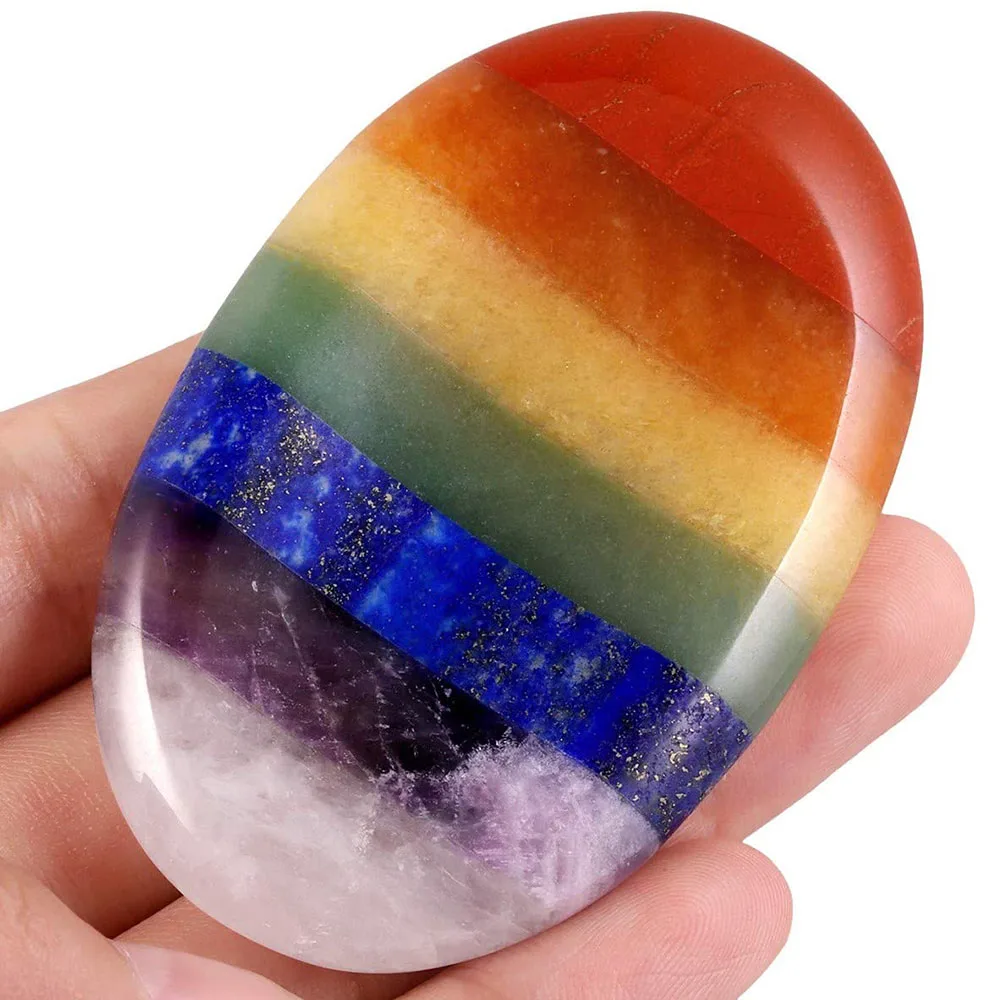 

7 Chakra Palm Stone Natural Gemstone Carved Oval Thumb Worry Stone Crystal Therapy Geometry Home Decor Reiki Healing 2.6 Inches