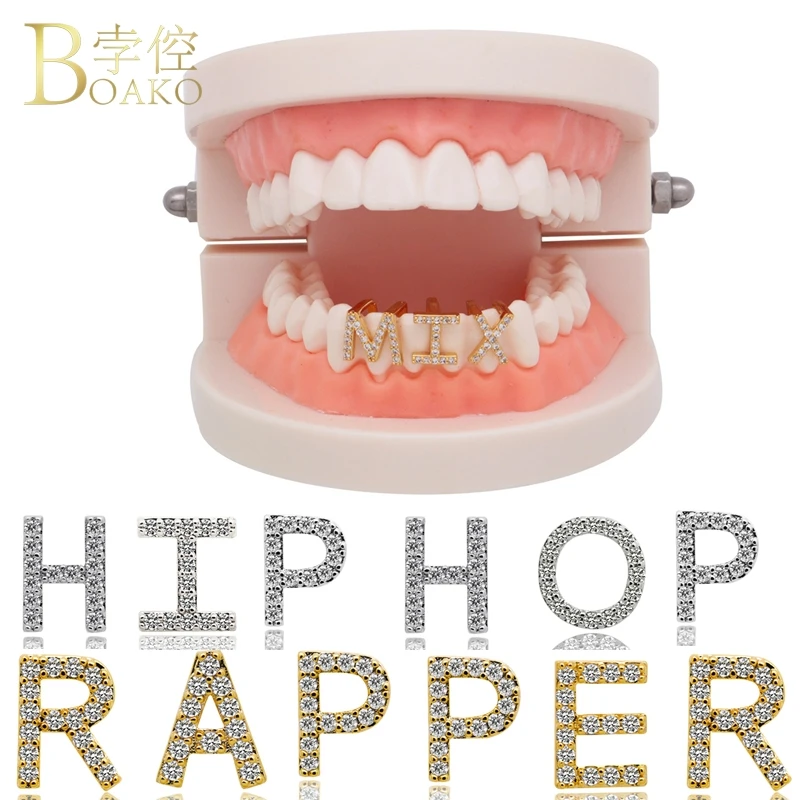 

Bling Initial Letter grillz Men Hip Hop Gold Dental Grills Zircon Tooth Grillz Cap Rapper Teeth grillz Caps Punk Body Jewelry Z5