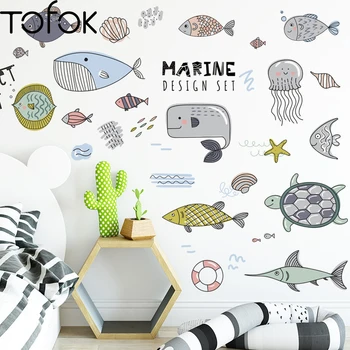 

Tofok cartoon fish ocean wall stickers animal self-adhesive wall paper children's room bathroom waterproof decorative painting