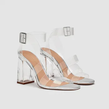 

Fashion Leisure Summer Clear Heels Sandals PU Strap Front Rear Strap Thin Heels Women Shoes Casual Buckle Strap Beach Sandals