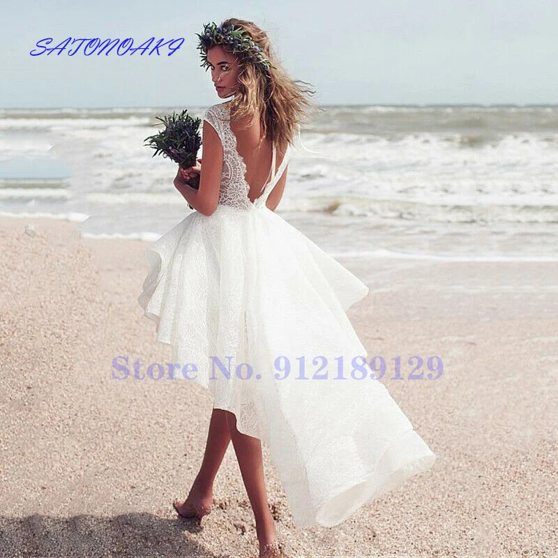 Summer Beach Short Wedding Dress 2021 Hi-Low Knee Length Open Back Simple Lace Bride Gowns Vestidos De Novia Robe Mariée France cheap wedding dresses