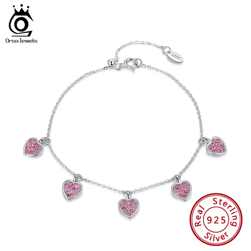 

ORSA JEWELS 925 Sterling Silver Sweet romantic pink love Chain Bracelet AAAA CZ for Girl Valentine's Day/Halloween Gift SB89