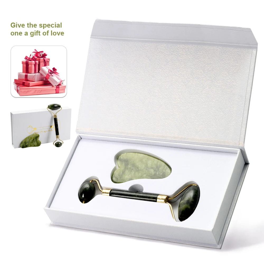 

Natural Jade Roller Thin Face Massager Lifting Tools Slim Facial Gua Sha Green Stone Anti-aging Wrinkle Skin Beauty Care Set Box